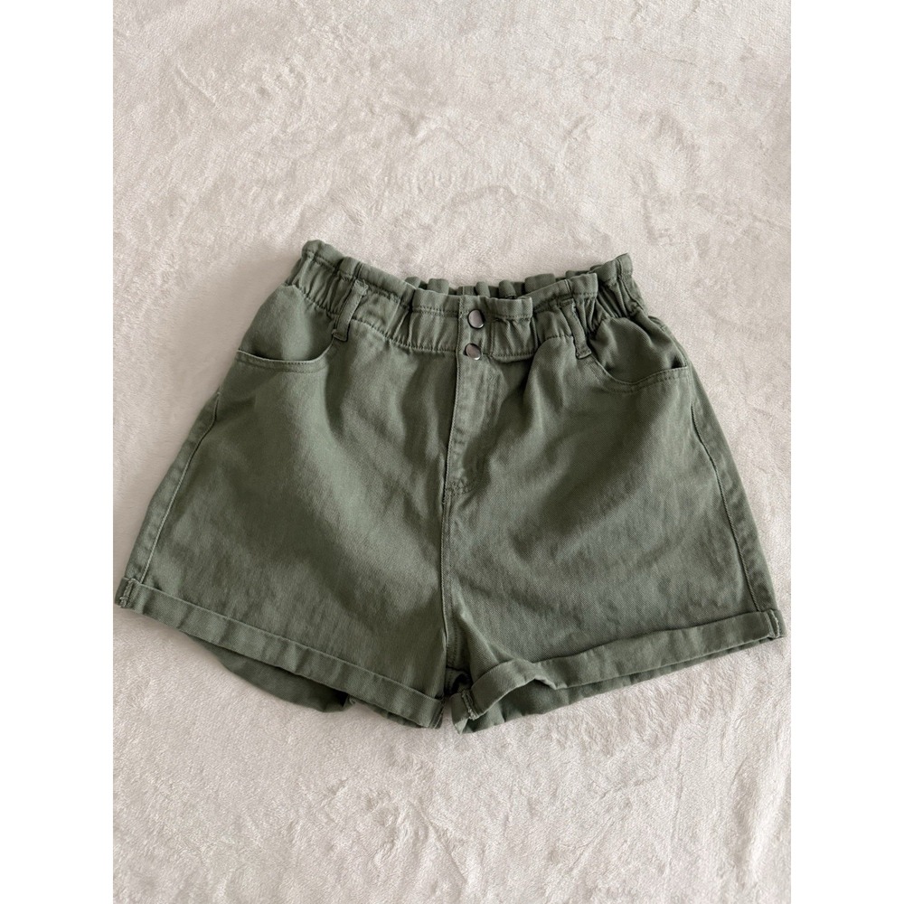 Womens Paperbag Waist Shorts Green Cotton‎ High Rise Cuffed Casual Size L